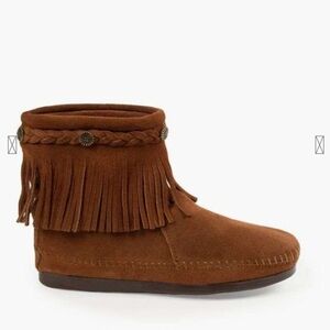 VGUC Minnetonka High Top Back Zip Boots Fringed Moccasins Brown Women 7